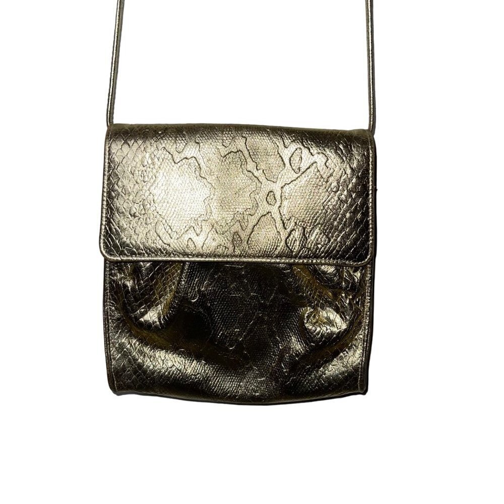 Vintage Womens Crossbody Shoulder Bag One Size Gold Snake Embossed Leather Snap